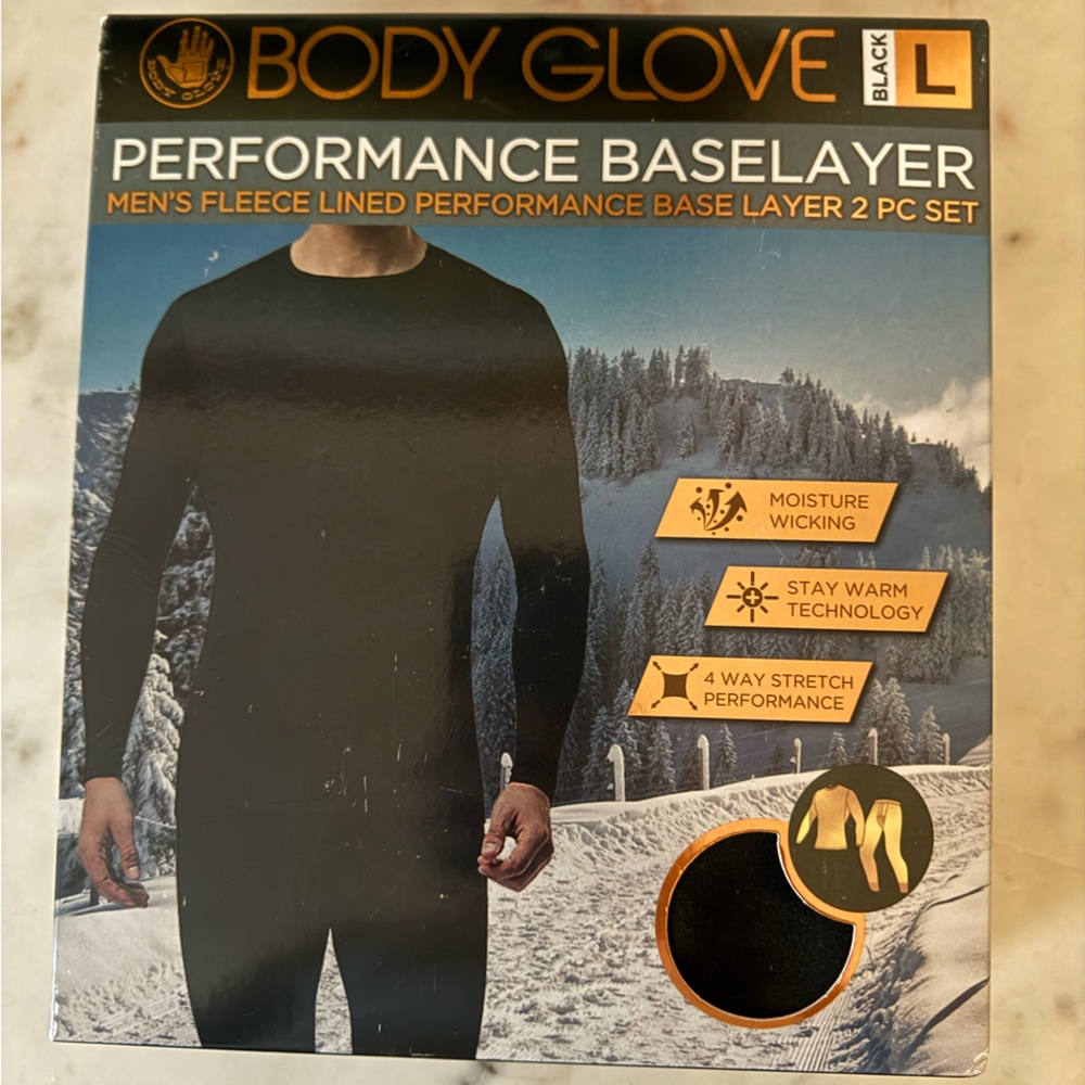 Body Glove Mens Black L Fleece-Lined Performance Baselayer 2-Pc Set New